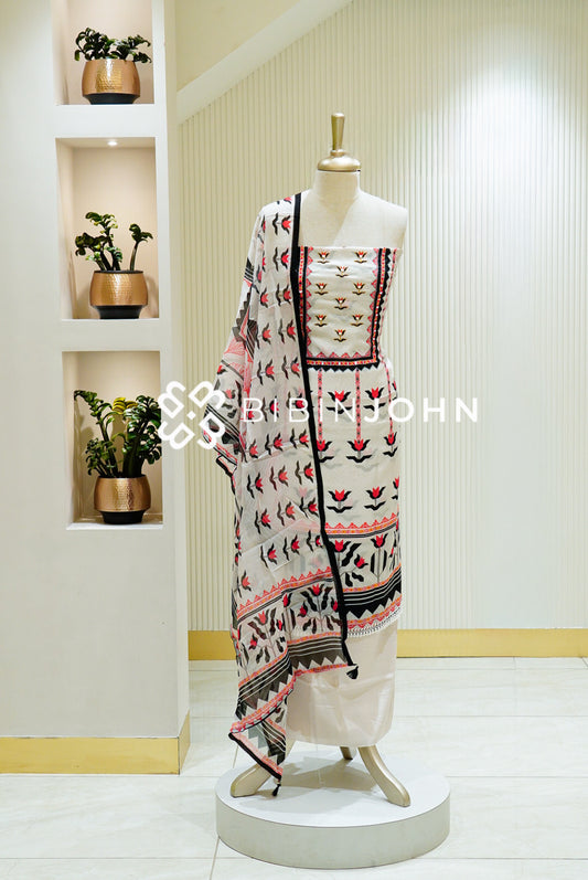 Muslin Silk Embroidery Salwar Suit Material Light Grey with Red BJ1490