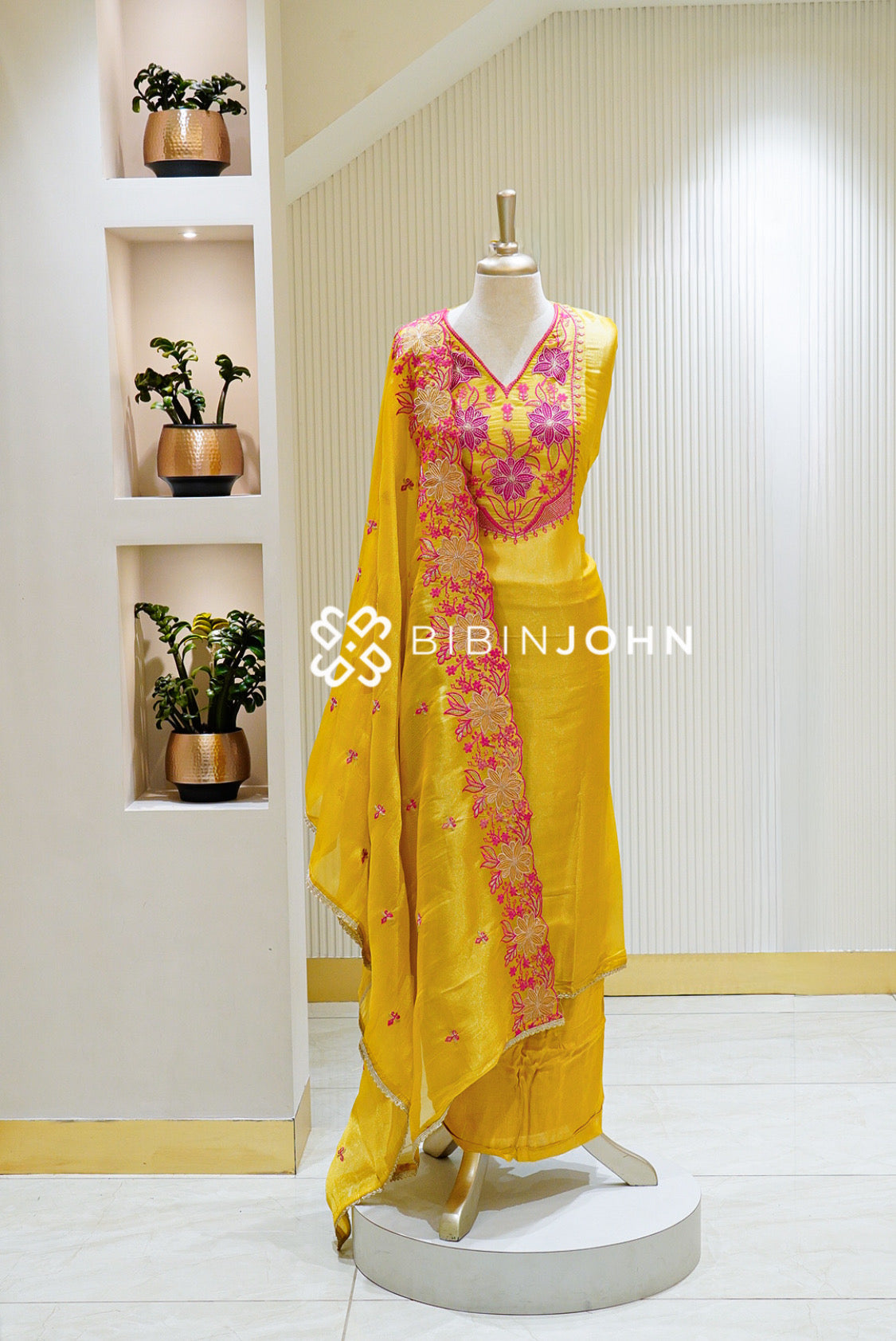 Semistitched Tissue Embroidery Salwar Suit Material Mustard Yellow BJ1491
