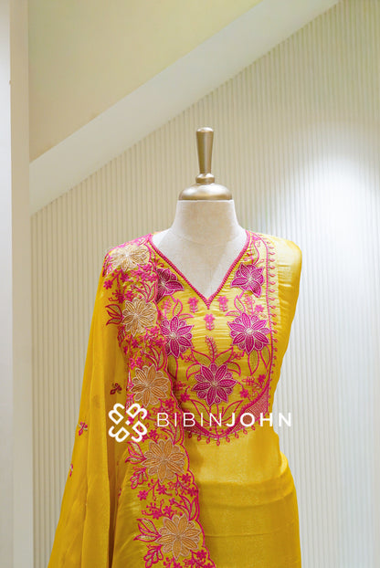 Semistitched Tissue Embroidery Salwar Suit Material Mustard Yellow BJ1491