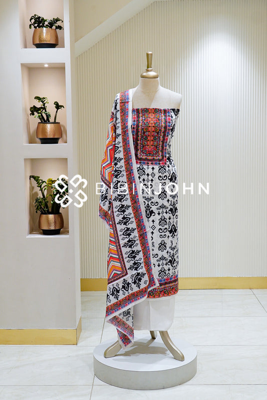 Muslin Embroidery Unstitched Salwar Suit Material White BJ1492