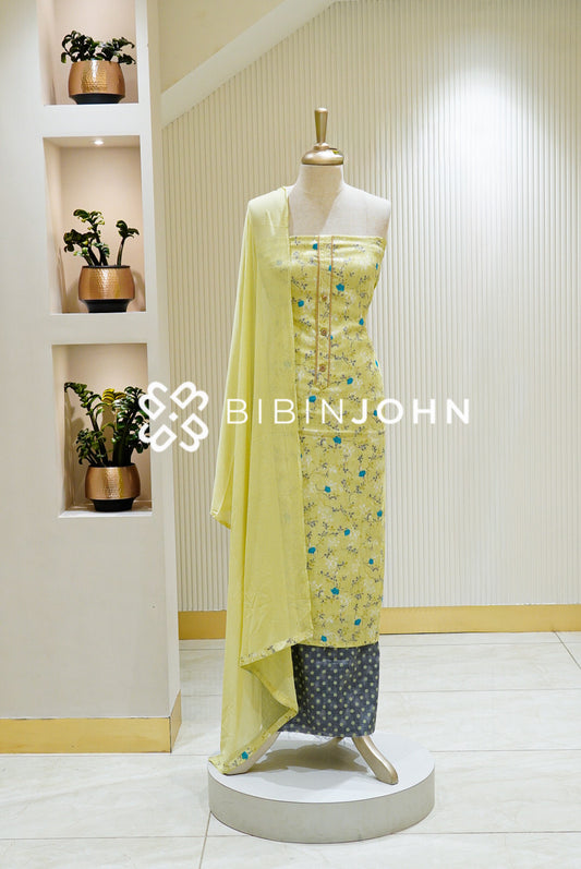 Linen Unstitched Salwar Suit Material Lemon Yellow with Charcoal Grey BJ1496