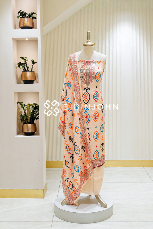 Muslin Embroidery Unstitched Salwar Suit Material Peach Beige BJ1498
