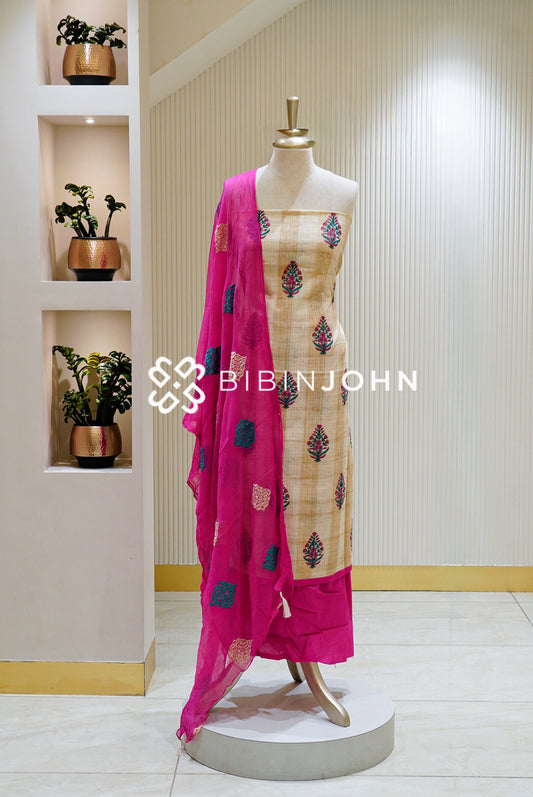 Printed Cotton Unstitched Salwar Suit Material Beige BJ1501