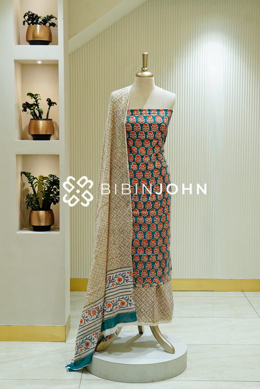 Printed Cotton Unstitched Salwar Suit Material Teal Green BJ1504