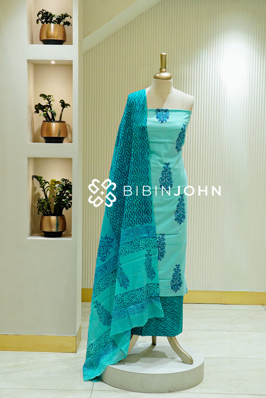 Printed Cotton Unstitched Salwar Suit Material  Aqua Turquoise BJ1507
