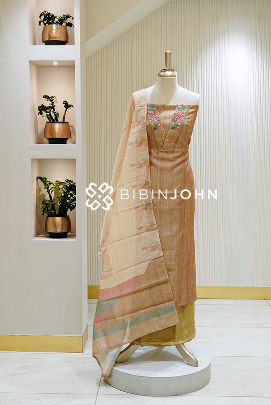 Silk Embroidery Unstitched Salwar Suit Material Antique Beige Brown BJ1510