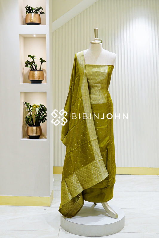 Silk Banarasi Unstitched Salwar Suit Material Mehendi Green BJ1542