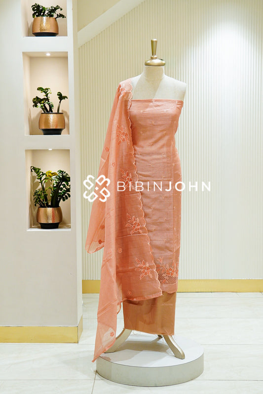 Silk Embroidery Unstitched Salwar Suit Material Peach Pink BJ1543