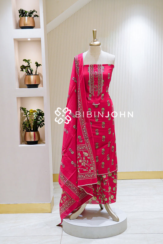 Cotton Embroidery Unstitched Salwar Suit Material Rani Pink BJ1547