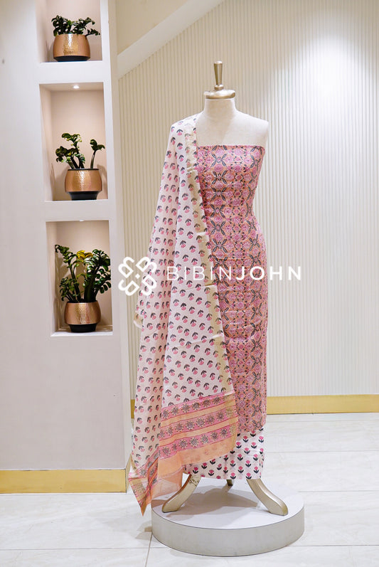 Printed Chanderi Unstitched Salwar Suit Material Peach Pink BJ1550