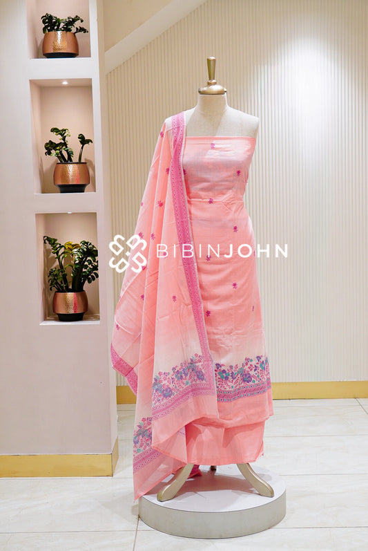 Cotton Jamdani  Unstitched Salwar Suit Material Peach Pink BJ1551