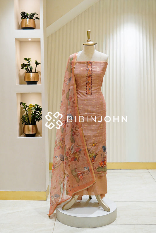 Cotta Embroidery Unstitched Salwar Suit Material Peach Pink BJ1557
