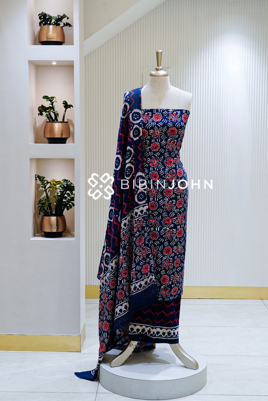 Printed Cotton Unstitched Salwar Suit Material Navy Blue BJ1564
