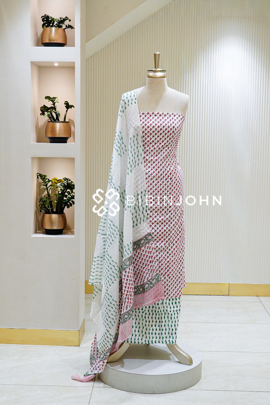 Printed Cotton Unstitched Salwar Suit Material  Ivory White BJ1568