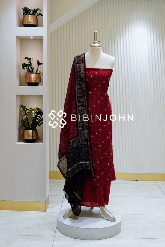 Printed Chanderi Unstitched Salwar Suit Material Deep Maroon Red BJ1574