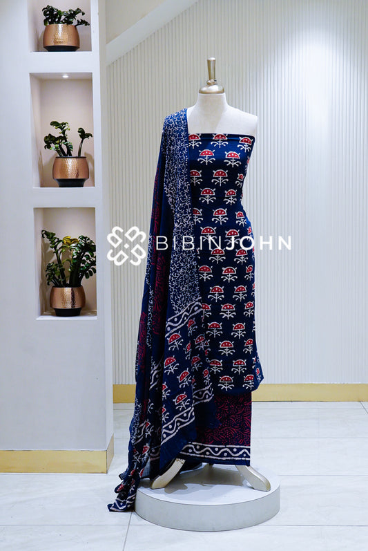 Printed Cotton Unstitched Salwar Suit Material Navy Blue BJ1576