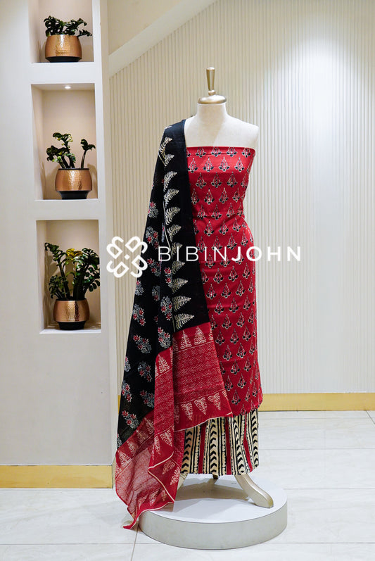 Printed Cotton Unstitched Salwar Suit Material Bright Red BJ1584