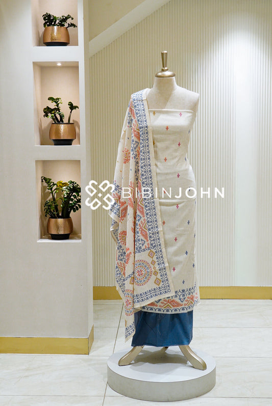Printed Linen Unstitched Salwar Suit Material Ivory White BJ1586