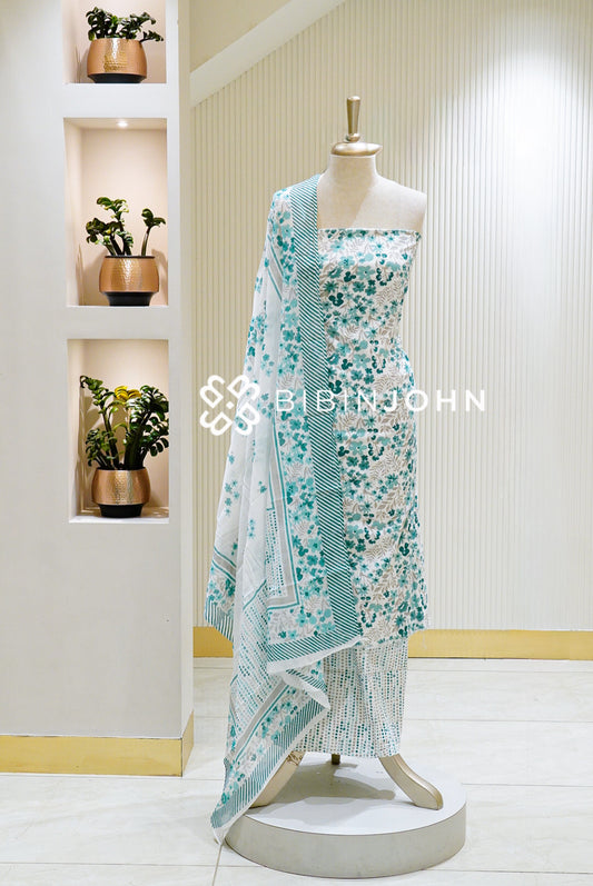 Printed Cotton Unstitched Salwar Suit Materials Ivory White BJ1590