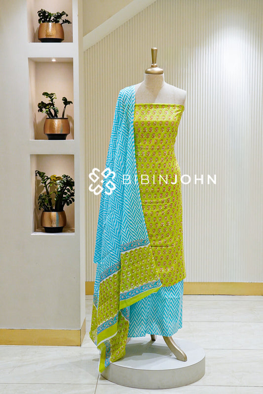 Printed Cotton Unstitched Salwar Suit Material Lime Green BJ1591