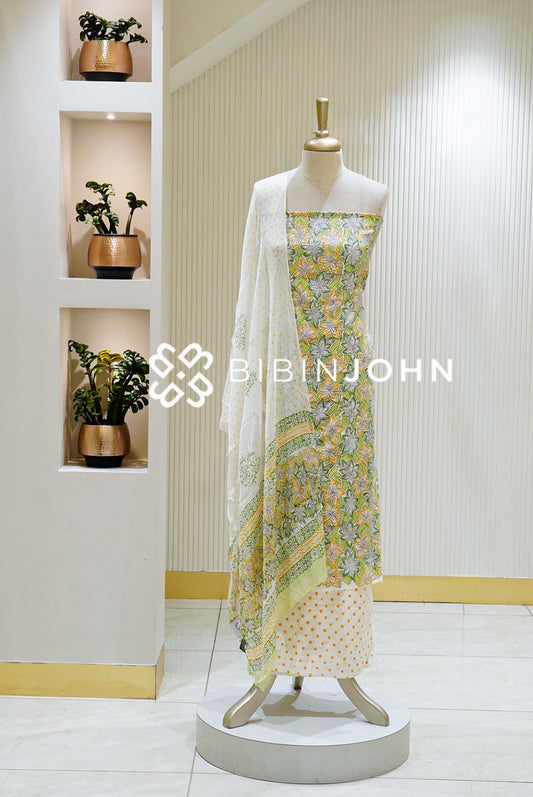 Printed Cotton Unstitched Salwar Suit Material Ivory White BJ1593
