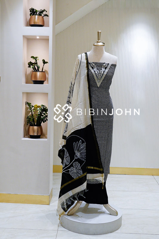 Cotton Embroidery Unstitched Salwar Suit Material Black BJ1594