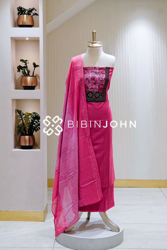 Printed Cotton Unstitched Salwar Suit Material Bright Rani Pink BJ1598