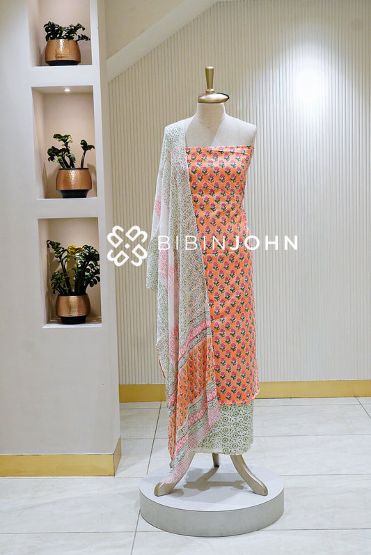 Printed Cotton Unstitched Salwar Suit Material Coral Peach BJ1599