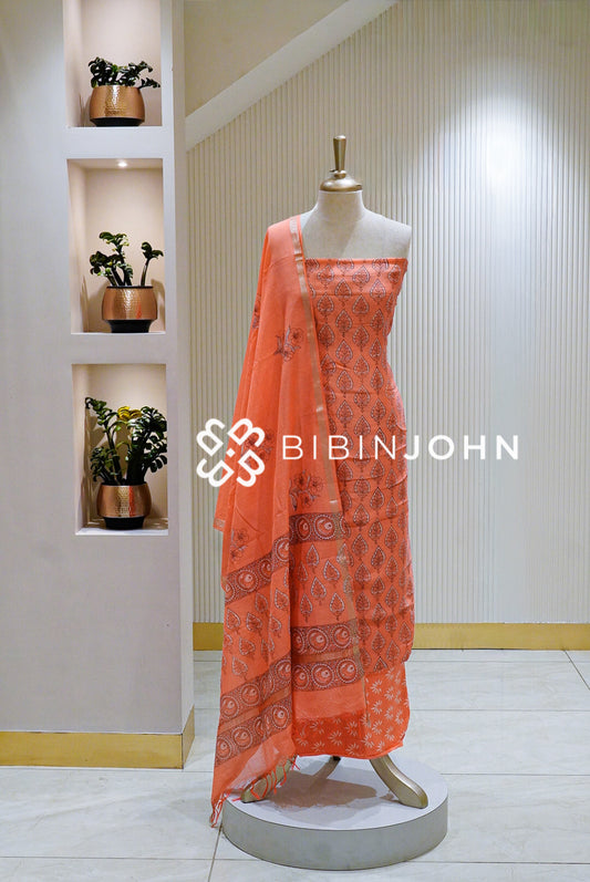 Printed Chanderi Unstitched Salwar Suit Material Coral Orange BJ1602