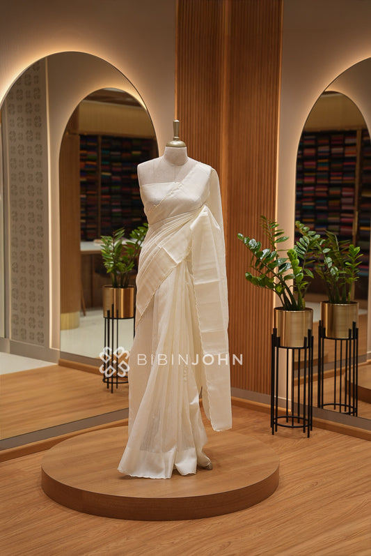 Semi Matka Embroidery Saree For Women Ivory White BJ1617