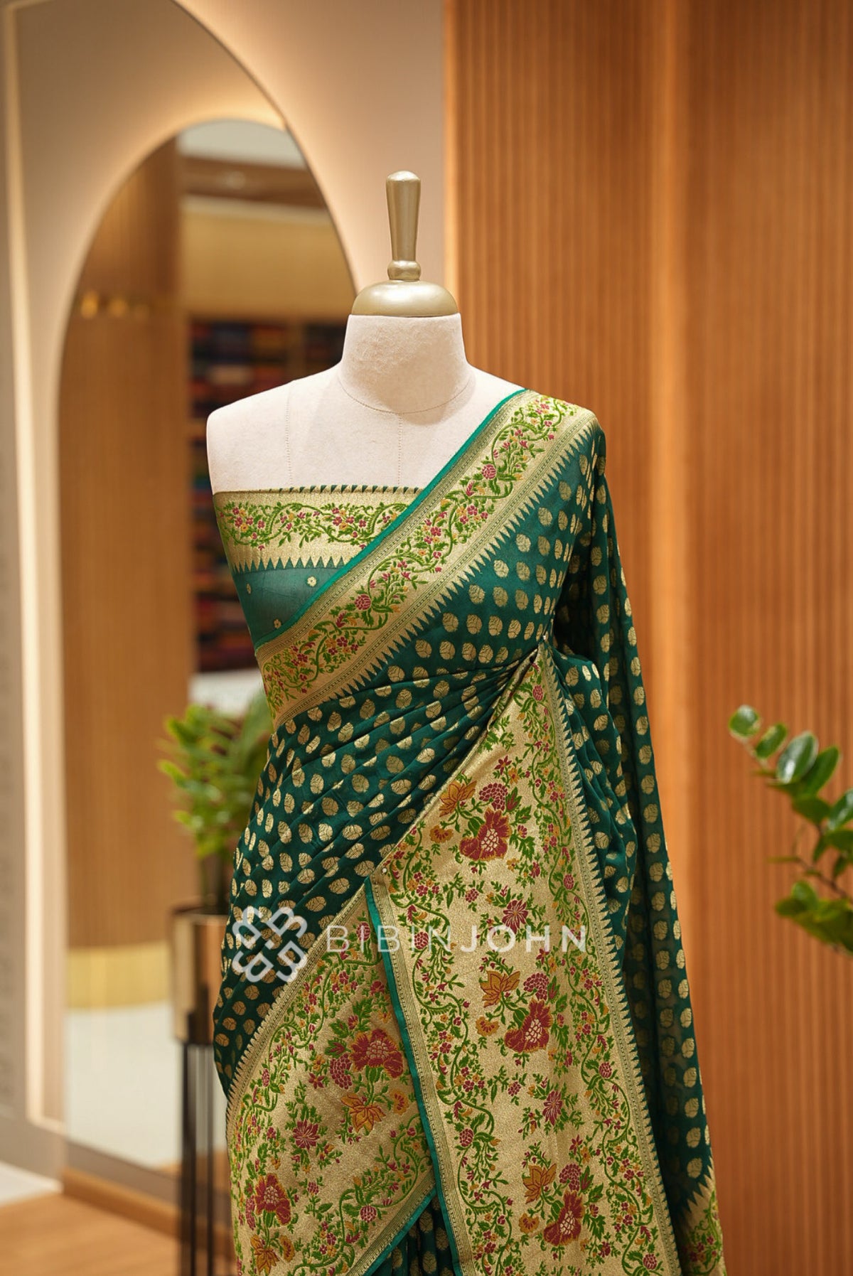 Georgette Brocade Saree For Women Bottle Green BJ1621