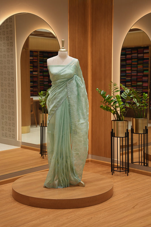 Tissue Organza Embroidery Saree For Women Mint Green
