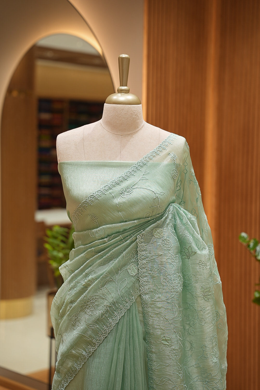Tissue Organza Embroidery Saree For Women Mint Green CLOSE VIEW