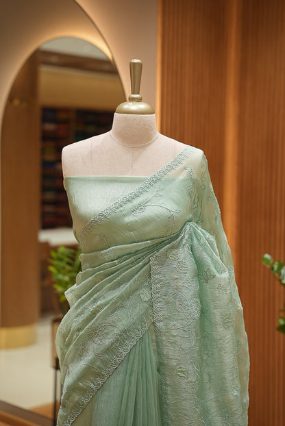 Tissue Organza Embroidery Saree For Women Mint Green CLOSE VIEW
