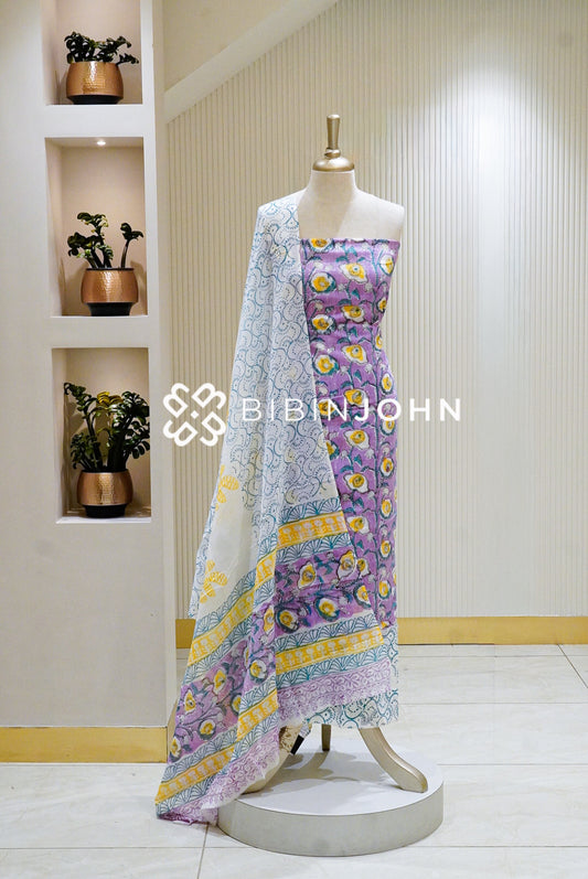 Cotton Kantha Unstitched Salwar Suit Material Pastel Lavender Purple BJ1631