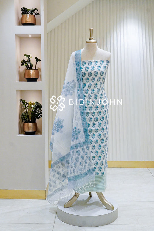 Printed Cotton Unstitched Salwar Suit Materials White BJ1635