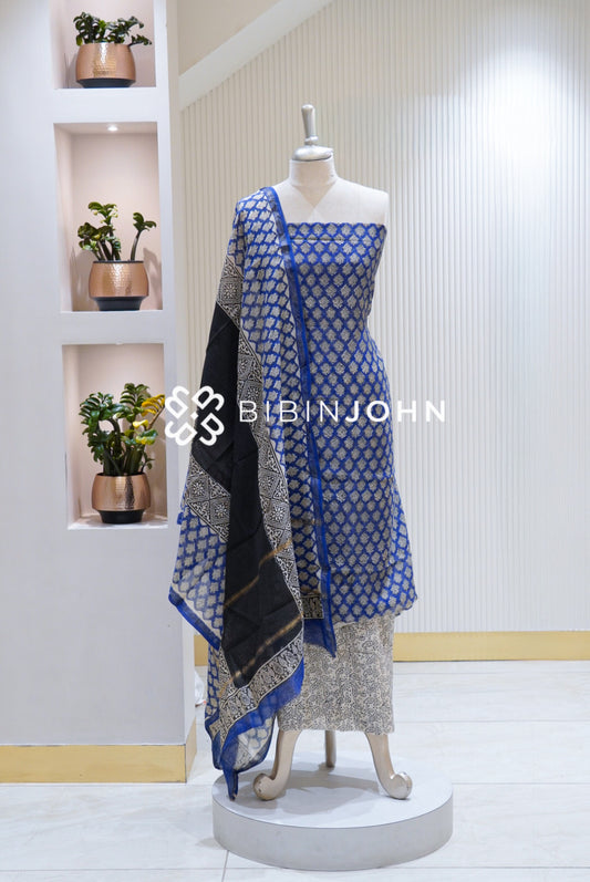 Printed Chanderi Unstitched Salwar Suit Materials Royal Blue BJ1680