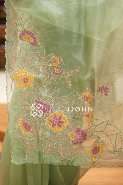 Tissue Organza Embroidery Saree For Women Pistachio Green with Mustard Yellow BJ1775