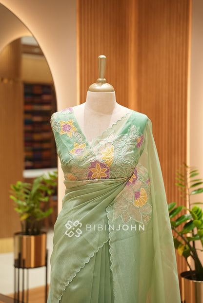 Tissue Organza Embroidery Saree For Women Pistachio Green with Mustard Yellow BJ1775