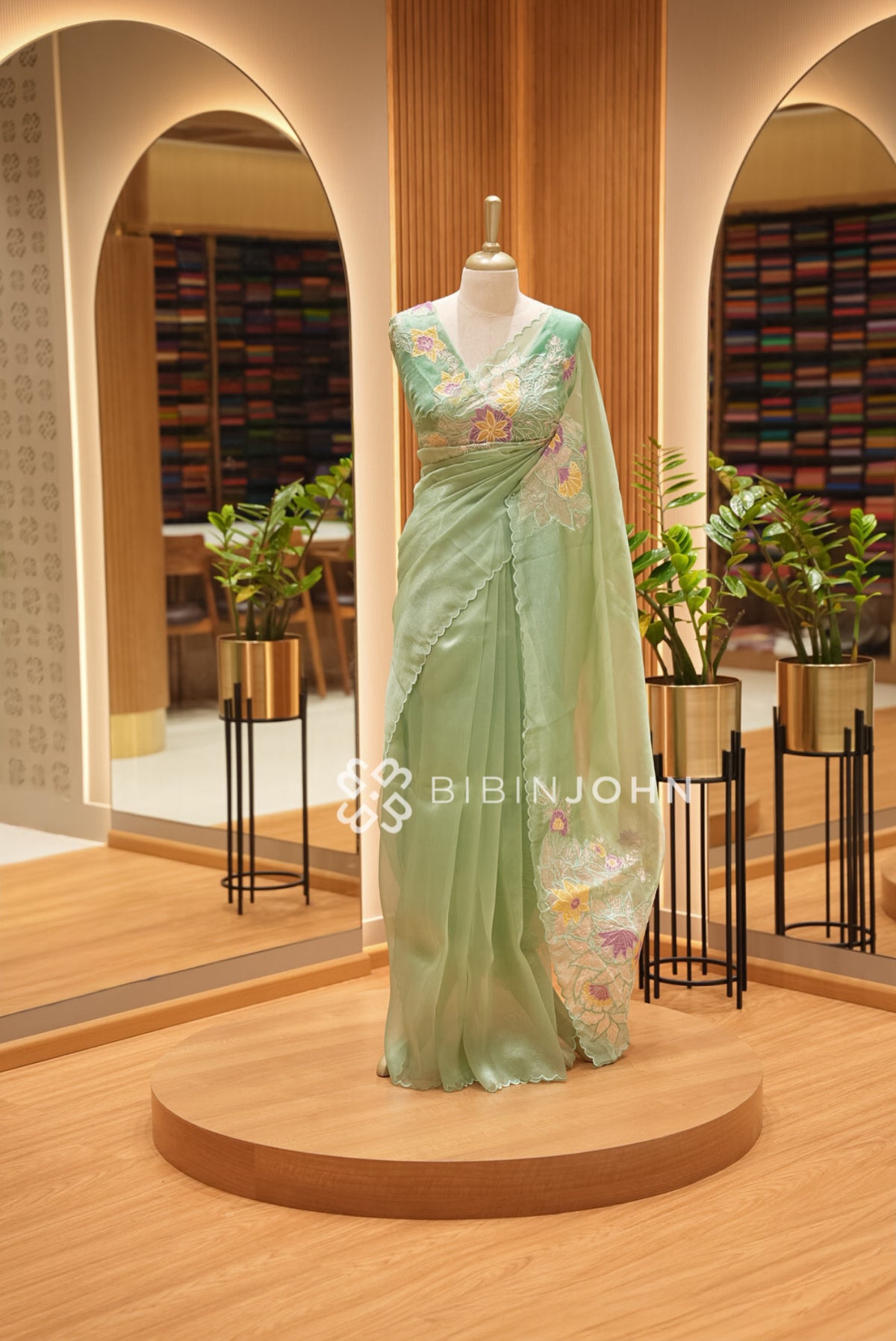 Tissue Organza Embroidery Saree For Women Pistachio Green with Mustard Yellow BJ1775