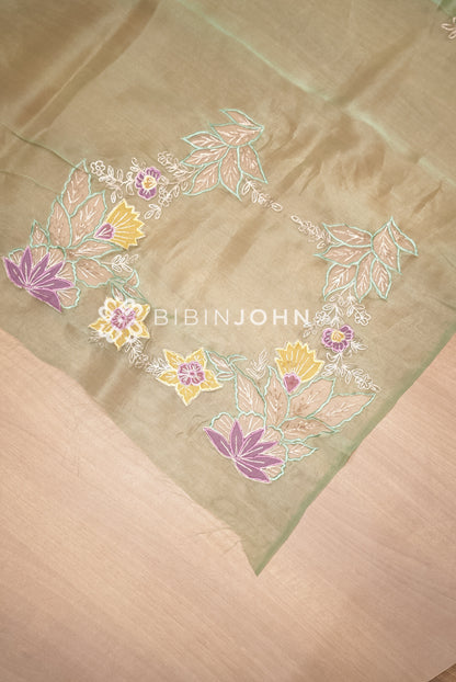 Tissue Organza Embroidery Saree For Women Pistachio Green with Mustard Yellow BJ1775