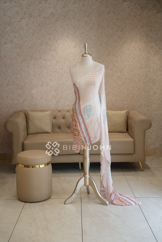 Printed Chiffon Dupatta For Women White With Peach BJ1780