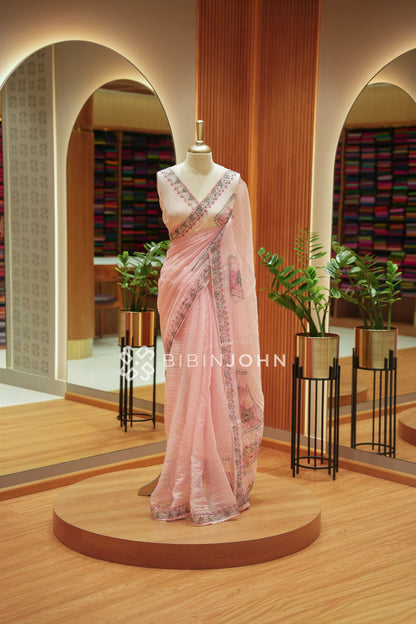 Tissue Embroidery Saree For Women Pastel Blush Pink BJ2099