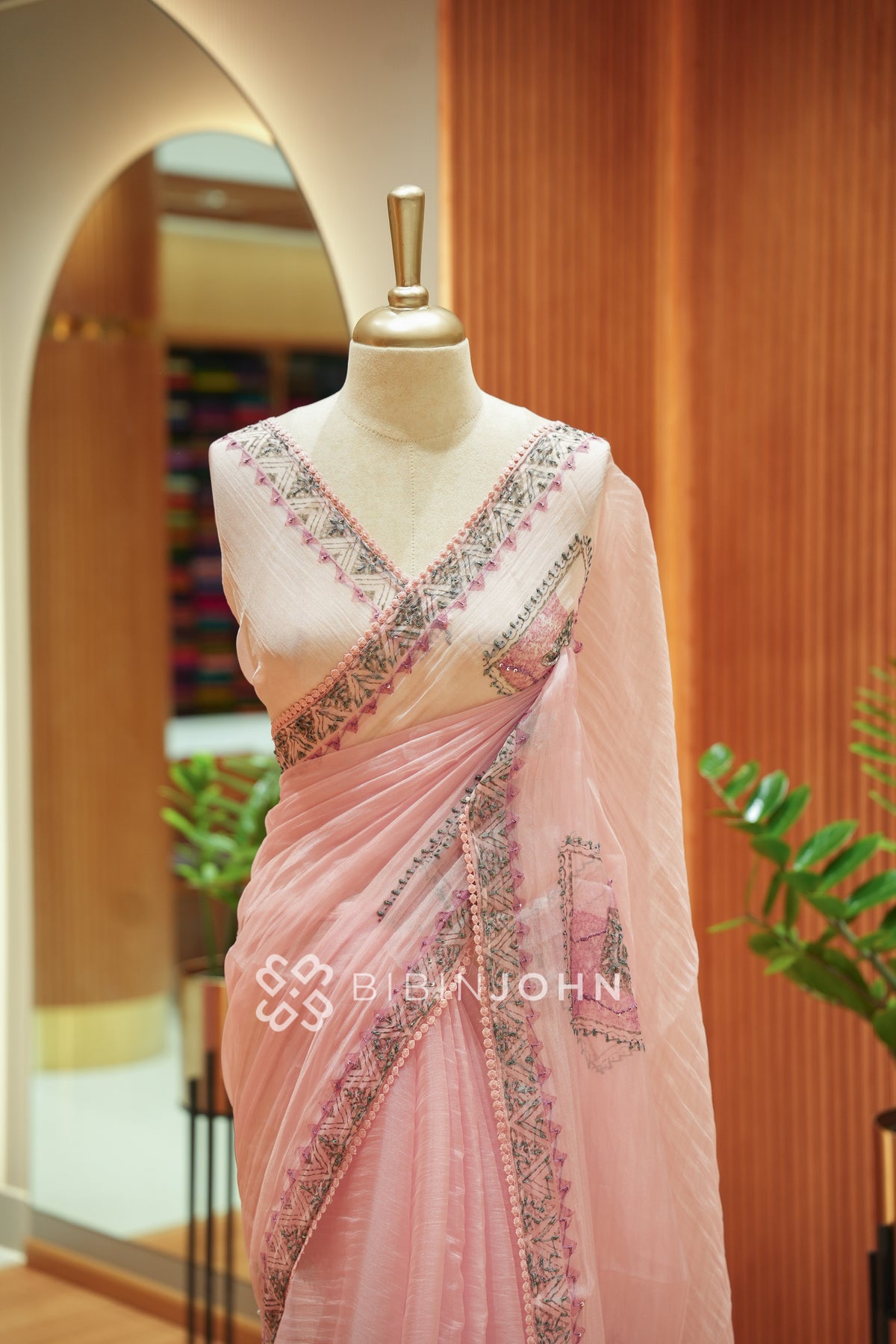 Tissue Embroidery Saree For Women Pastel Blush Pink BJ2099
