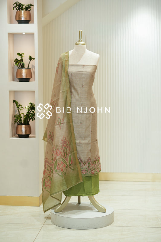 Semi Silk Embroidery Unstitched Salwar Suit Material Light Champagne Beige BJ2143