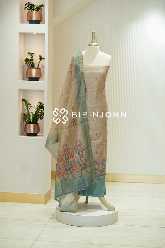 Semi Silk Embroidery Unstitched Salwar Suit Material Light Golden Beige BJ2145