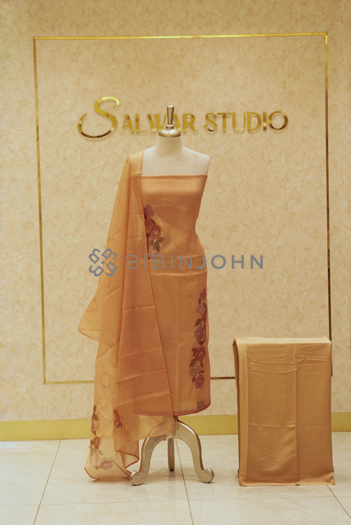 Chanderi Embroidery Unstitched Salwar Suit Material Golden Peach