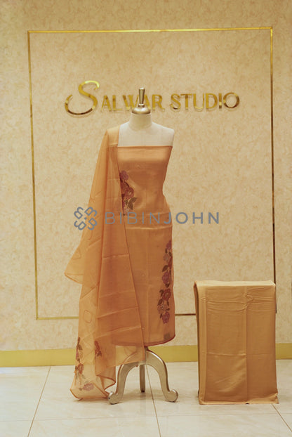 Chanderi Embroidery Unstitched Salwar Suit Material Golden Peach