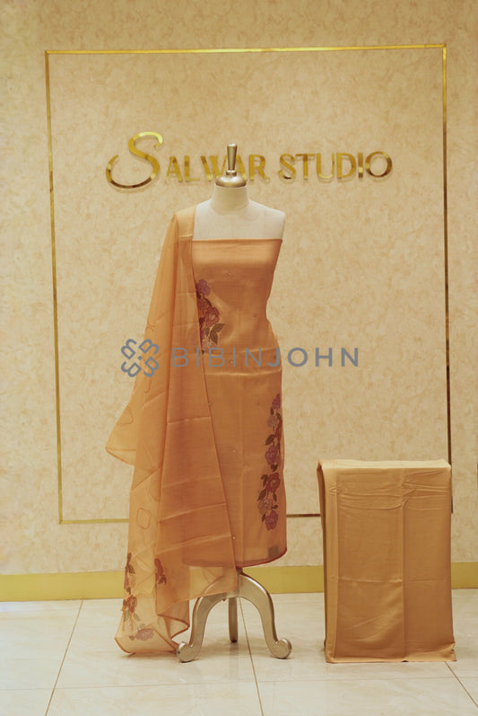 Chanderi Embroidery Unstitched Salwar Suit Material Golden Peach