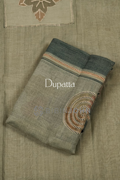 Chanderi Embroidery Unstitched Salwar Suit Material Sage Green dupatta.